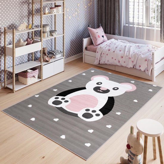 Tapiso Pinky Vloerkleed Speelkleed Woonkamer Slaapkamer Kinderkamer Babykamer Grijs Beer Trendy Interieur Duurzaam Hoogwaardig Kindertapijt Maat - 80 x 150 cm