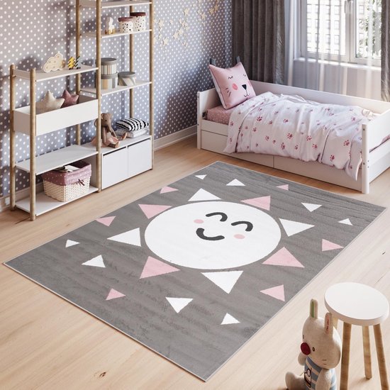 Tapiso Pinky Vloerkleed Speelkleed Woonkamer Slaapkamer Kinderkamer Babykamer Grijs Zon Design Interieur Duurzaam Hoogwaardig Kindertapijt Maat - 120 x 170 cm