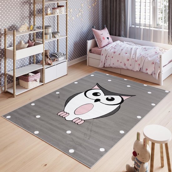 Tapiso Pinky Vloerkleed Speelkleed Woonkamer Slaapkamer Kinderkamer Babykamer Grijs Uil  Design Interieur Duurzaam Hoogwaardig Kindertapijt Maat - 140 x 200 cm