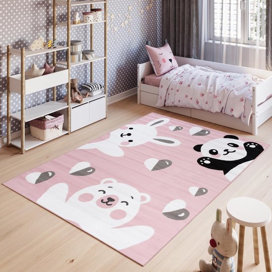 Tapiso Pinky Vloerkleed Speelkleed Woonkamer Slaapkamer Kinderkamer Babykamer Roze Panda Konijn Interieur Duurzaam Hoogwaardig Kindertapijt Maat - 80 x 150 cm