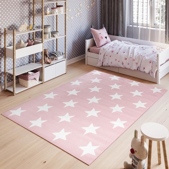 Tapiso Pinky Vloerkleed Speelkleed Woonkamer Slaapkamer Kinderkamer Babykamer Ster Roze Creme Design Trendy Duurzaam Hoogwaardig Kindertapijt Maat - 80 x 150 cm