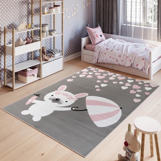 Tapiso Pinky Vloerkleed Speelkleed Woonkamer Slaapkamer Kinderkamer Babykamer Konijn Grijs Roze Design Interieur Hoogwaardig Kindertapijt Maat - 120 x 170 cm