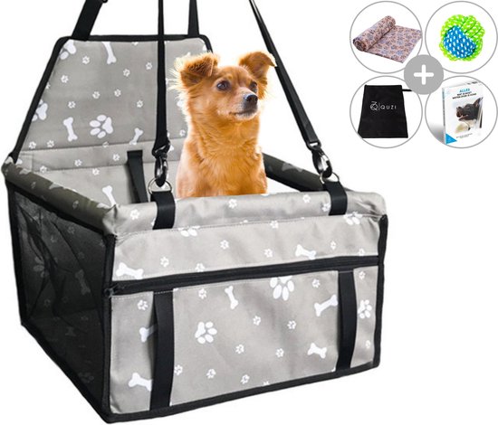 Autostoel Hond Opvouwbaar met Bal & Deken - Hondenmand Auto - Waterdicht Honden Autozitje - Puppy's - Hondendeken - Dog Car Seat Cover - Dierendag - Incl. e-book - Zwart - Quzi®