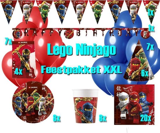Lego Ninjago Versier Pakket XXL | Mega versier pakket Lego Ninjago | Lego kinderfeestje | Ninjago Bordjes Servetten Slingers Ballonnen Snoepzakjes Bekertjes Hoedjes