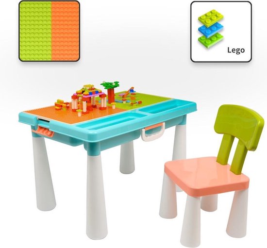 Decopatent® - Kindertafel met 1 Stoel - Speeltafel met bouwplaat (geschikt voor LEGO DUPLO) en vlakke kant - 2 Vakken - 515 Bouwstenen