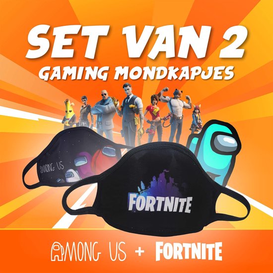 Set van 2 Rekbare Kids Gaming Mondkapjes - Maat M (jeugd 10-17 jaar) - Niet-Medisch - Wasbaar - Herbruikbaar - Among Us - Fortnite - Elastisch