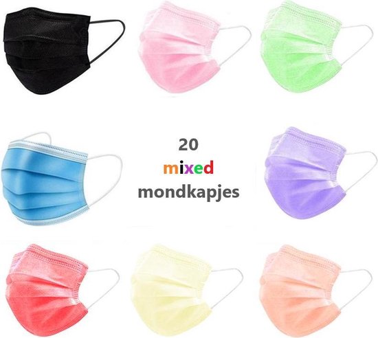 Wegwerp Mondmaskers | Verschillende Kleuren | 20 Stuks | Mondkapje Gemixte Kleuren | Rood | Geel | Paars | Oranje | Groen | Roze | Blauw | Zwart