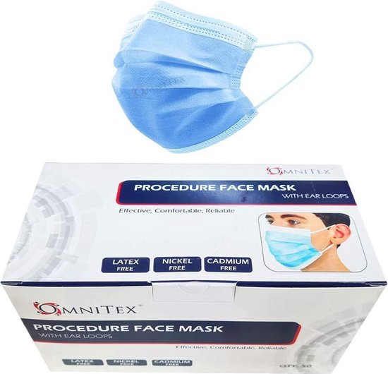 Omnitex Type IIR wegwerp medische mondkapjes met oorlussen | EN14683:2019 | 98% filtratie, vloeistofbestendig chirurgisch mondmaskers 2R - 3 laags masker - 50 stuks Premium quality Made in the EU