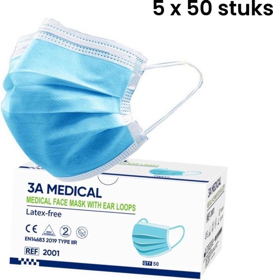 3A Medical Type IIR wegwerp medische mondkapjes met oorlussen | EN14683:2019 | 98% filtratie, vloeistofbestendig chirurgisch mondmaskers 2R - 3 laags masker - 250 stuks