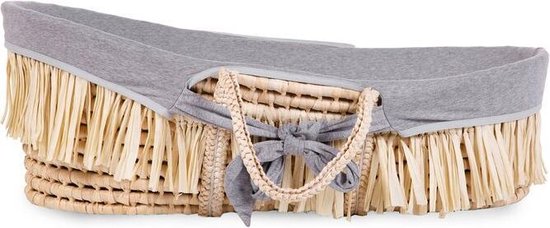 Moses Mand + Handvaten + Matras - Zacht Maïsschil + Raffia - Naturel + Jersey Bekleding Grijs