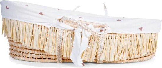 Moses Mand + Handvaten + Matras - Zacht Maïsschil + Raffia - Naturel + Jersey Bekleding Hearts