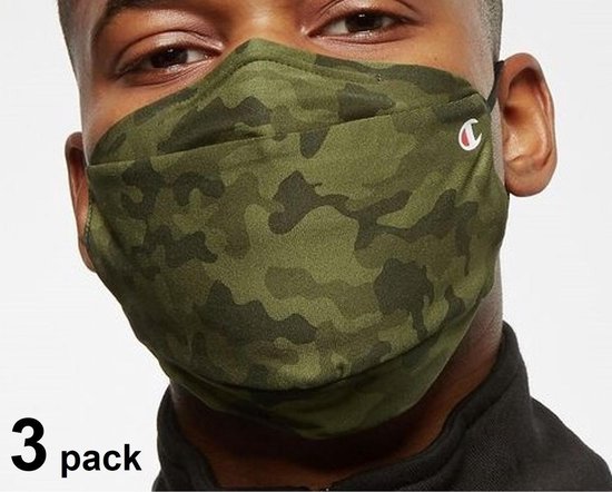 Champion - 3 pack - Mondkapjes - Camo Groen - maat Large - Wasbaar - Herbruikbaar - Katoen - Neusbeugel