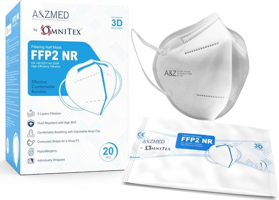 Omnitex FFP2 gezichtsmasker - 20 stuks, individueel verpakt | Hoge filtratie - 5 lagen | EN149 CE-gecertificeerd | Hypoallergeen | Vloeistofbestendig | Oorlussen en aanpasbare neusbrug | + gratis 5-maskerverlengers