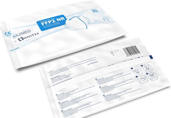 Omnitex FFP2 gezichtsmasker - 1 stuk, individueel verpakt | Hoge filtratie - 5 lagen | EN149 CE-gecertificeerd | Hypoallergeen | Vloeistofbestendig | Oorlussen en aanpasbare neusbrug