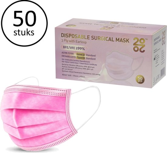 2020 ™ IIR / 2R wegwerp Medische Mondkapjes met Oorlussen | EN14644:2015 | 98% Filtratie, Vloeistofbestendig Chirurgisch Mondmaskers 2R - 3 Laags Masker - Roze - 50 stuks