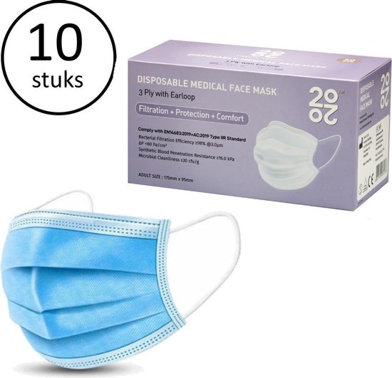 2020 ™ IIR / 2Rwegwerp Medische Mondkapjes met Oorlussen | EN14683:2019 | 98% Filtratie, Vloeistofbestendig Chirurgisch Mondmaskers 2R - 3 Laags Masker - Blauw - 10 stuks