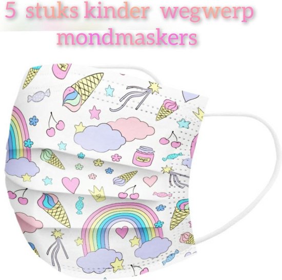 Kinder wegwerp mondmasker - IJsjes en regenbogen - 5 stuks