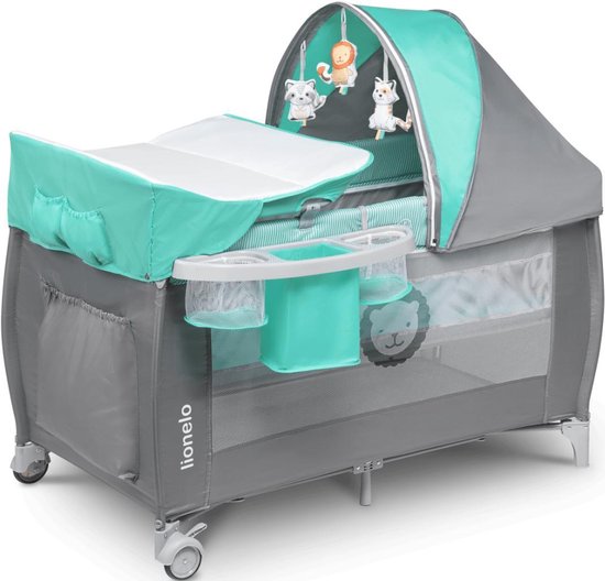 Lionelo Sven-  Kinder reisbed,-box- met klamboe-  commode- turquoise/grijs