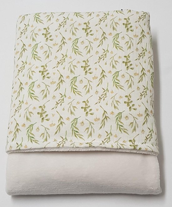 little feet-baby winter dekentje 100 x 75 – creme wellness fleece- hydrofiel groen takje-wiegdeken-deken kinderwagen