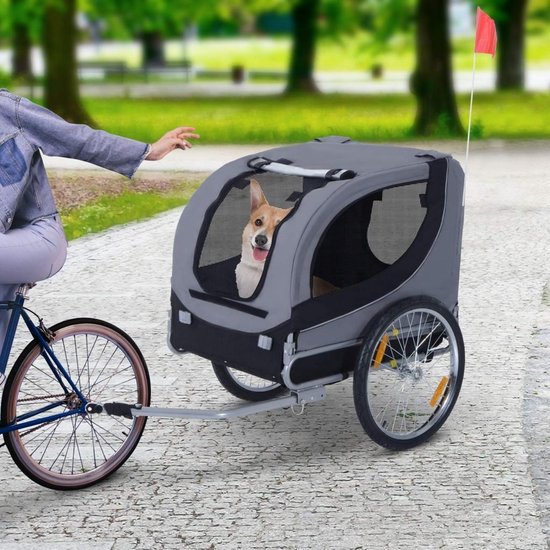 Luxe Hondenfietskar - Fiets Hondenkar Doggy Liner - Fietsaanhanger Voor Honden/Katten - Hondenbuggy Huisdier Fietskar Inklapbaar - Met Waterdichte Regenhoes & Universele Fiets Koppeling - Zwart/Grijs