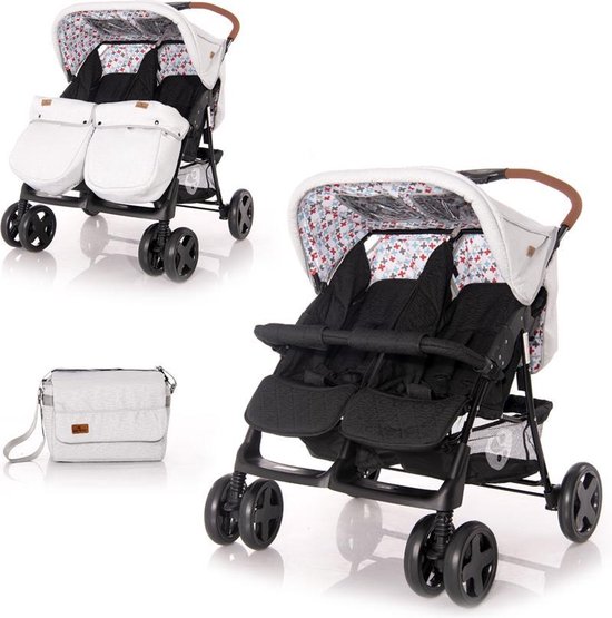 Lorelli Twin Duo buggy - 84 B - Tweelingbuggy  l  tweelingwagen met beenkappen en regenhoes  Grey&Black CROSS