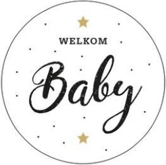 Sluitsticker Groot Welkom Baby – Sluitzegel – Kadosticker | Zwart – Goud – Wit – Stipjes – Sterretjes | Verrassen | Geboorte – Zwangerschap – Geboortekaart – Jongen/Meisje – Kraamfeest | Envelop sticker | Cadeau – Gift – Cadeauzakje | Chique inpakken