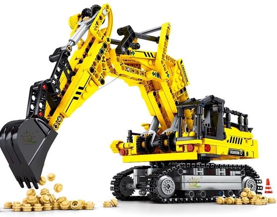 Graafmachine Geel - Bouwstenen Set - Technic Bouw - 29cm Lang - 12cm Hoog - Uitschuifbaar - 360° Draaien - 841 Blokjes - Geschikt voor LEGO - Constructie Speelgoed