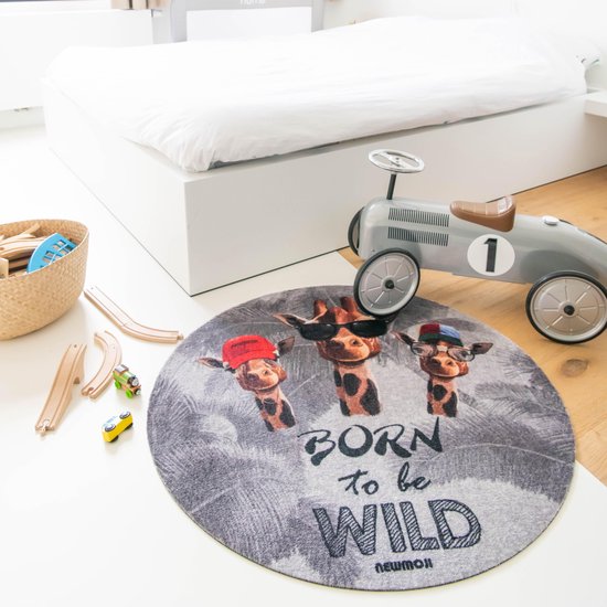 Vloerkleed NEWMOJI - Vloerkleed kinderkamer 90X90 cm - Tapijt kinderkamer rond - Kindertapijt - Speelkleed/Speelmat - Vloerkleed Dieren - Giraf Born To Be Wild - Voor jongens en meisjes