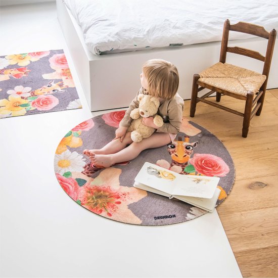 Vloerkleed NEWMOJI - Vloerkleed kinderkamer 90X90 cm - Tapijt kinderkamer rond - Kindertapijt - Speelkleed/Speelmat - Vloerkleed Dieren - Giraf taupe/bruin - Voor jongens en meisjes