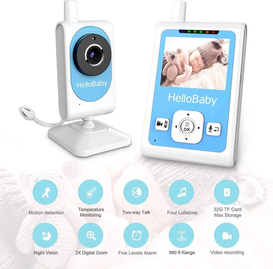 Hellobaby HB25 - Babyfoon met camera en nachtzicht - 4 slaapliedjes - klein en handzaam - 2,4-inch LCD-scherm - terugspreekfunctie - kamertemperatuursensor - voedingsalarm