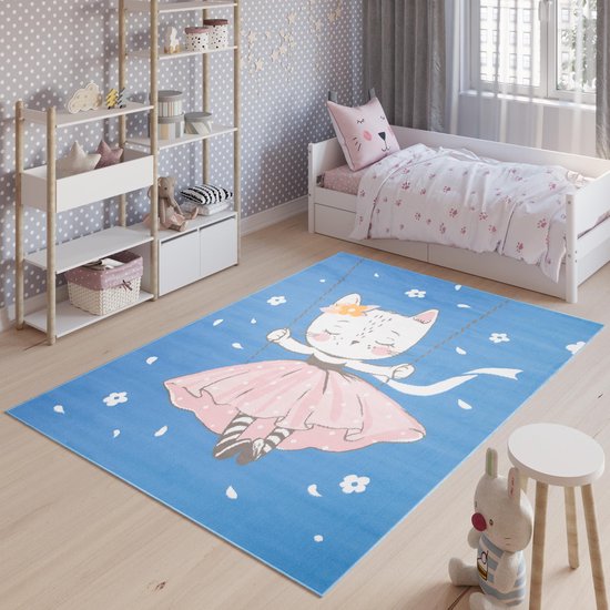 Tapiso Jolly Vloerkleed Speelkleed Woonkamer Slaapkamer Kinderkamer Babykamer Kat Blauw Design Interieur Hoogwaardig Kindertapijt Maat -  80x150