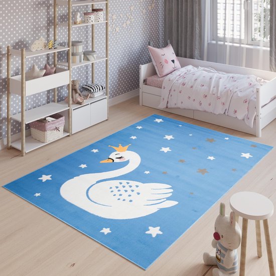 Tapiso Jolly Vloerkleed Speelkleed Woonkamer Slaapkamer Kinderkamer Babykamer Zwaan Blauw Design Interieur Hoogwaardig Kindertapijt Maat -  80x150