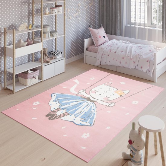 Tapiso Jolly Vloerkleed Speelkleed Woonkamer Slaapkamer Kinderkamer Babykamer Roze Kat Design Interieur Duurzaam Hoogwaardig Kindertapijt Maat - 120x170