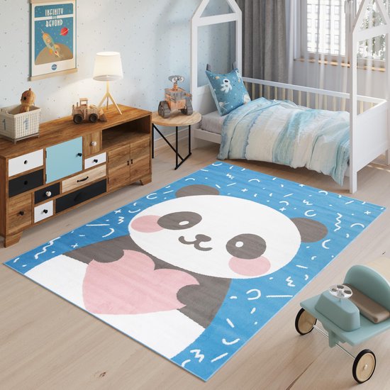 Tapiso Jolly Vloerkleed Speelkleed Woonkamer Slaapkamer Kinderkamer Babykamer Panda Hart Blauw Design Interieur Hoogwaardig Kindertapijt Maat -  140x200