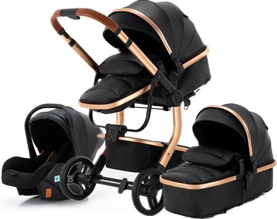 BrightWise® Luxe Kinderwagen 3 in 1 Voldoet aan alle Europese veiligheidscertificaten - Wandelwagen - Kinderwagen 3-in-1 incl autostoel - Kinderwagen maxi cosi – Buggy 3 in 1 - Newborn - Leer - Zwart