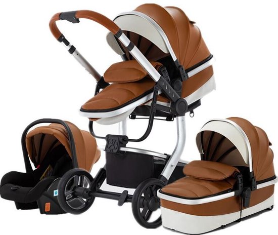 BrightWise® Luxe Kinderwagen 3 in 1 Voldoet aan alle Europese veiligheidscertificaten - Wandelwagen - Kinderwagen 3-in-1 incl autostoel - Kinderwagen maxi cosi – Buggy 3 in 1 - Newborn - Leer - Bruin