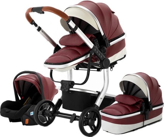 BrightWise® Luxe Kinderwagen 3 in 1 Voldoet aan alle Europese veiligheidscertificaten - Wandelwagen - Kinderwagen 3-in-1 incl autostoel - Kinderwagen maxi cosi – Buggy 3 in 1 - Newborn - Leer - Rood