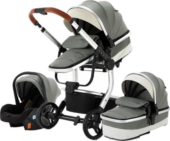 BrightWise® Luxe Kinderwagen 3 in 1 Voldoet aan alle Europese veiligheidscertificaten - Wandelwagen - Kinderwagen 3-in-1 incl autostoel - Kinderwagen maxi cosi – Buggy 3 in 1 - Newborn - Leer - Grijs