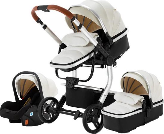 BrightWise® Luxe Kinderwagen 3 in 1 Voldoet aan alle Europese veiligheidscertificaten - Wandelwagen - Kinderwagen 3-in-1 incl autostoel - Kinderwagen maxi cosi – Buggy 3 in 1 - Newborn - Leer - Wit