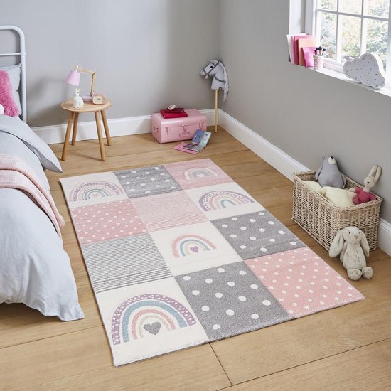 Flycarpets Vloerkleed - Kinderkamer- Kids Speelkleed - Roze Geblokt - 120x170 cm