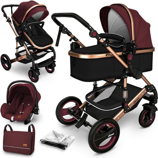 KIDUKU- 3 in 1 combi-kinderwagen- bordeaux/goud- buggy incl. autostoeltje-regenhoes- inklapbaar