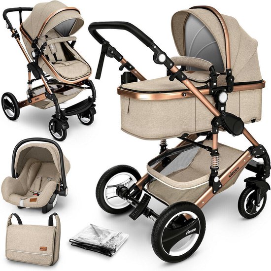 KIDUKU- 3 in 1 combi-kinderwagen- beige/goud- buggy incl. autostoeltje-regenhoes- inklapbaar