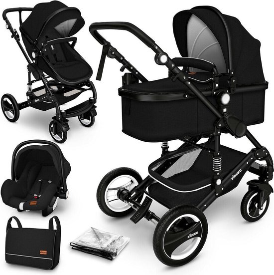 KIDUKU- 3 in 1 combi-kinderwagen- zwart- buggy incl. autostoeltje-regenhoes- inklapbaar