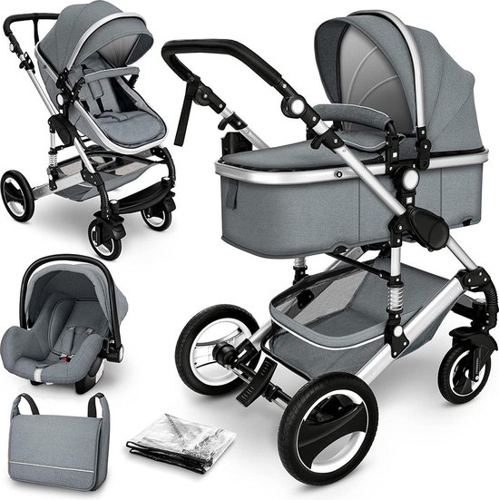 Sens Design Kinderwagen 3 in 1 - met luiertas - Grijs/Zilver