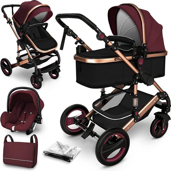 Sens Design Kinderwagen 3 in 1 - met luiertas - Bordeaux/Goud