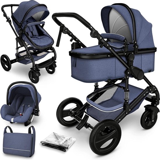 Sens Design Kinderwagen 3 in 1 - met luiertas - Blauw/Zwart