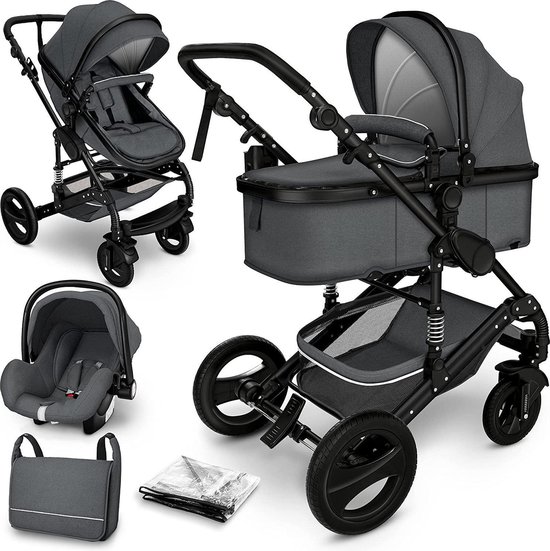 Sens Design Kinderwagen 3 in 1 - met luiertas - Antraciet/Zwart