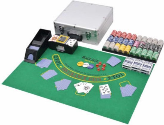 Luxe Pokerset - Blackjack Set Combinatie - Inclusief Luxe Aluminium Pokerkoffer - Blackjack Speelkleed - 600 Pokerfiches - Poker Kaarten - Kaartschudmachine - Pokersets - 600 Chips - Originele Pokerset