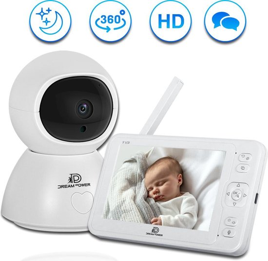 Dream Power Babyfoon met Camera & Slaapliedjes – 1080p Baby Monitor met Nachtzicht – Draadloze Babyphone incl. 360 Graden Camera en Terugspreekfunctie – Wit