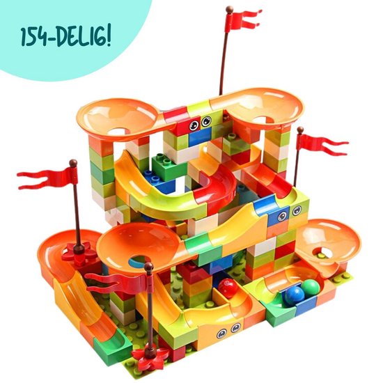 Kamyra® Duplo Knikkerbaan - Kleurrijk Ontwerp - Inclusief 4 Knikkers - Grote Lego Blokken - Voor Kinderen 3 Jaar en Ouder - 154 Onderdelen - Zonder Doos